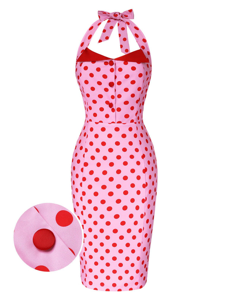 [Vorverkauf] Rosa 1960er Polka Dots Halter Bleistiftkleid