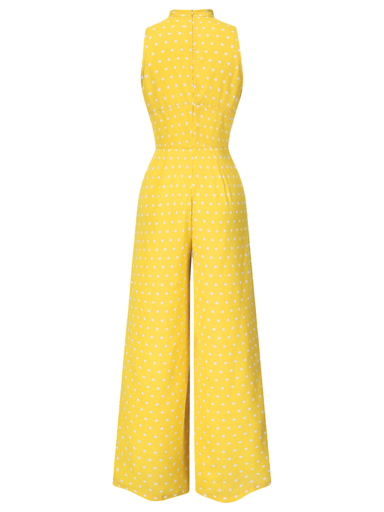 [Vorverkauf] Gelb 1960er Polka Dot V-Ausschnitt Bogen Jumpsuit