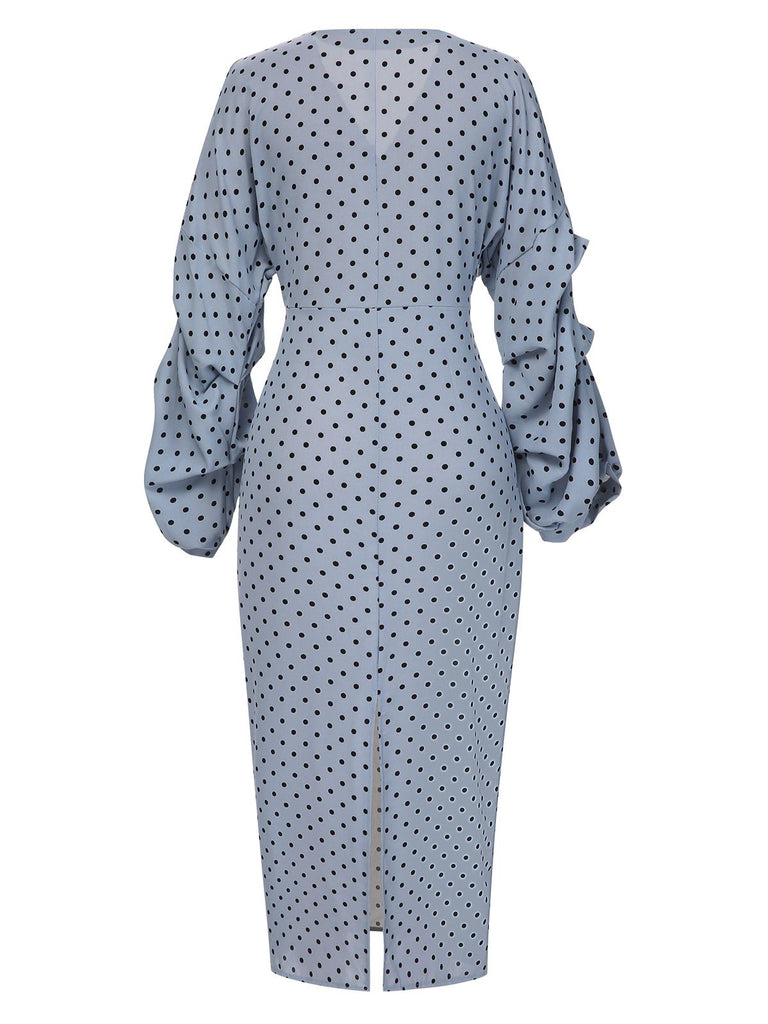 Blau 1960er Polka Dot V-Ausschnitt Bleistiftkleid