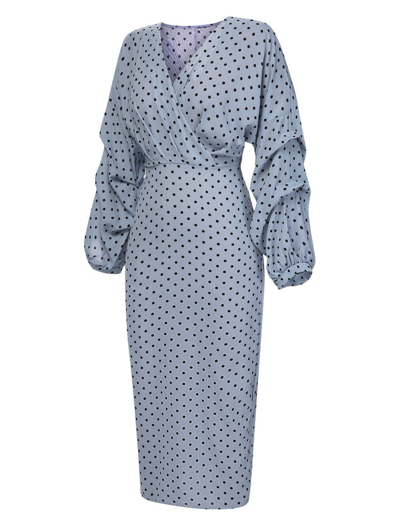 Blau 1960er Polka Dot V-Ausschnitt Bleistiftkleid