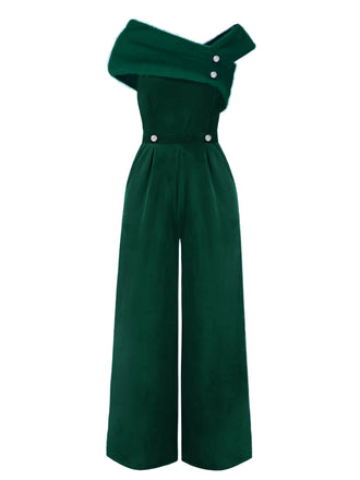 Grün 1950er Samt Schulterfrei Taste Jumpsuit
