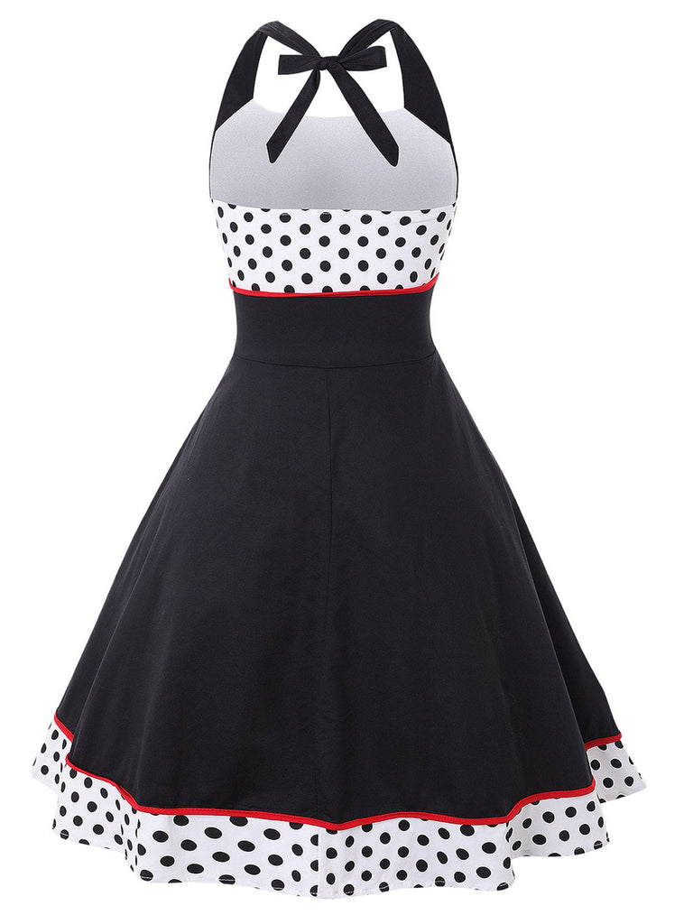 1950er Kontrast Polka Dot Patchwork Halter Kleid