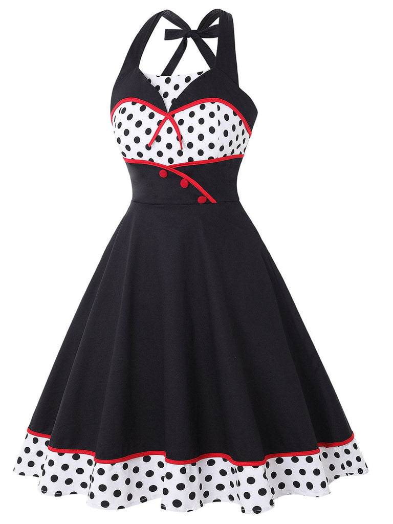 1950er Kontrast Polka Dot Patchwork Halter Kleid