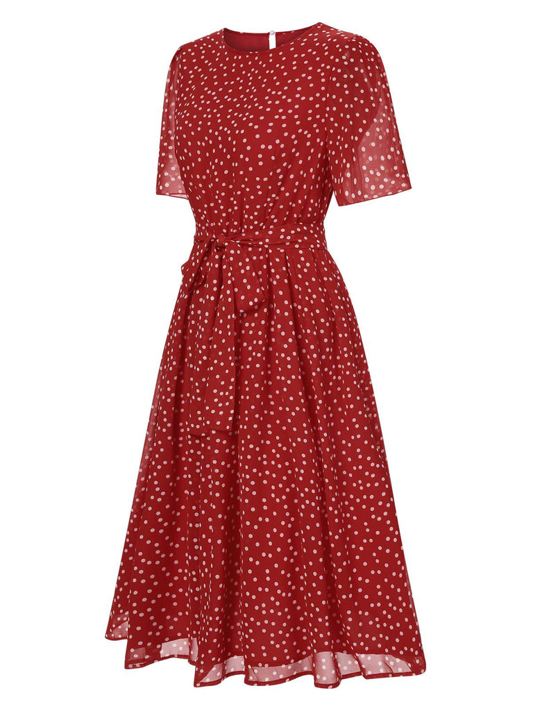 Rot 1940er Polka Dots Chiffon Gürtel Kleid