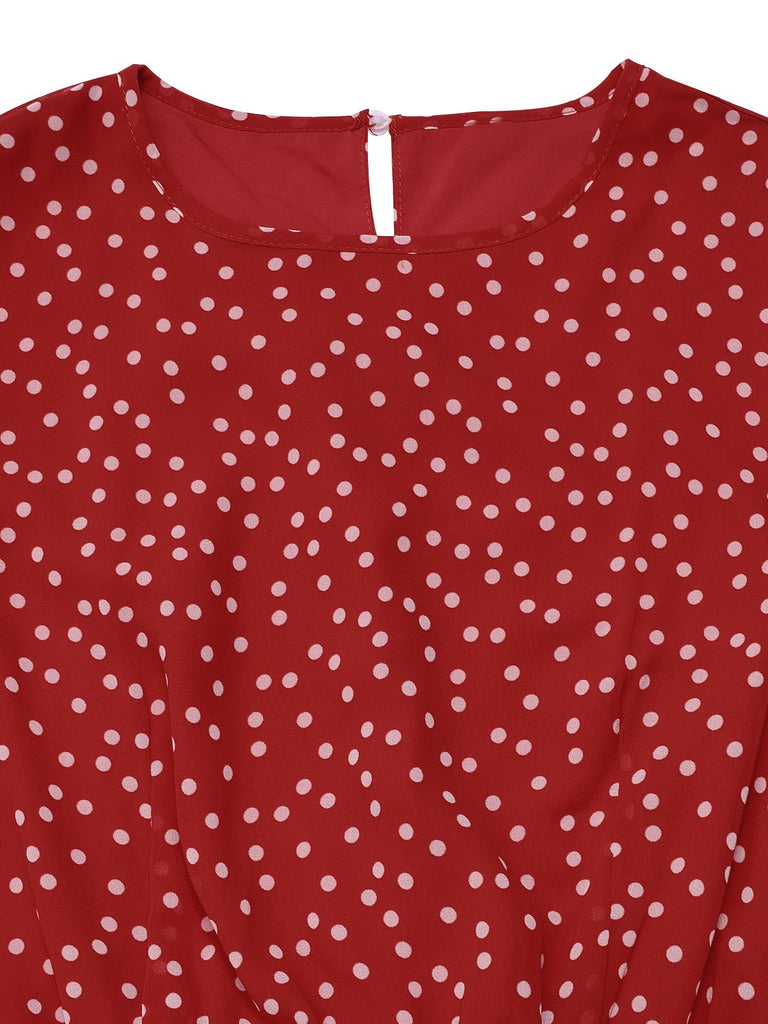 Rot 1940er Polka Dots Chiffon Gürtel Kleid