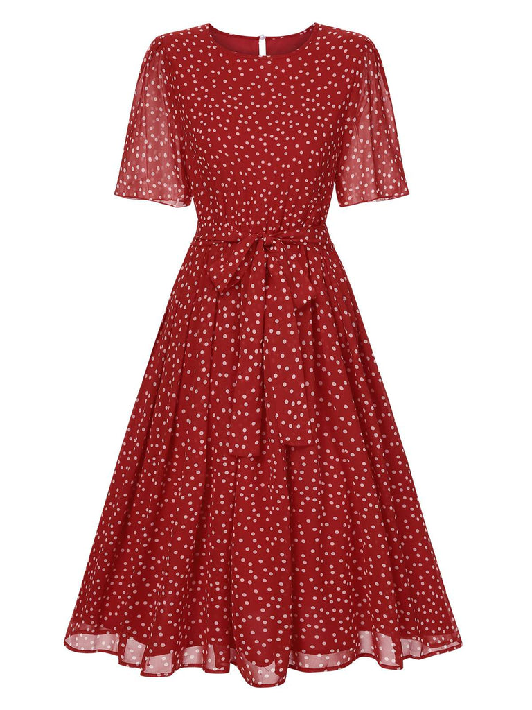 Rot 1940er Polka Dots Chiffon Gürtel Kleid