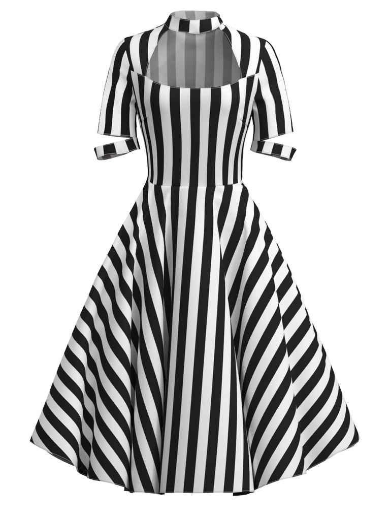 Beetlejuice Kostüm 1950er Halloween Streifen Hohl Kragen Kleid