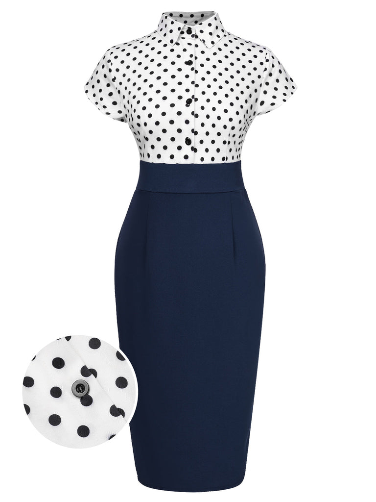 Blau 1960er Hemdkragen Polka Dots Patchwork Kleid