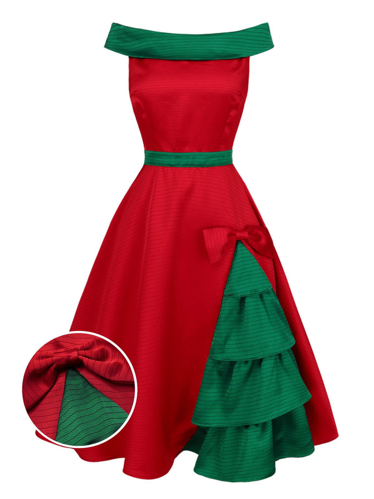 [Vorverkauf] Rot & Grün 1950er Weihnachten Baum Schulterfrei Kleid