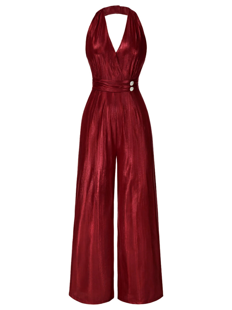 Rot 1970er Solide V-Ausschnitt Halter Jumpsuit