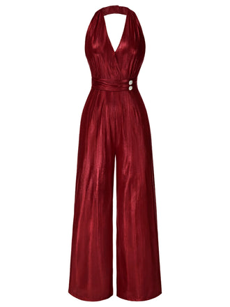 Rot 1970er Solide V-Ausschnitt Halter Jumpsuit