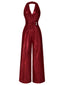 Rot 1970er Solide V-Ausschnitt Halter Jumpsuit