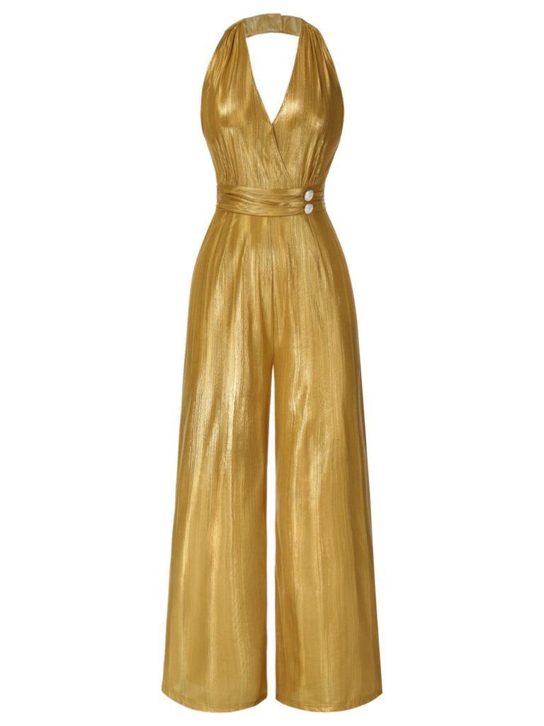 [Vorverkauf] Gold 1930er Solide V-Ausschnitt Halter Jumpsuit