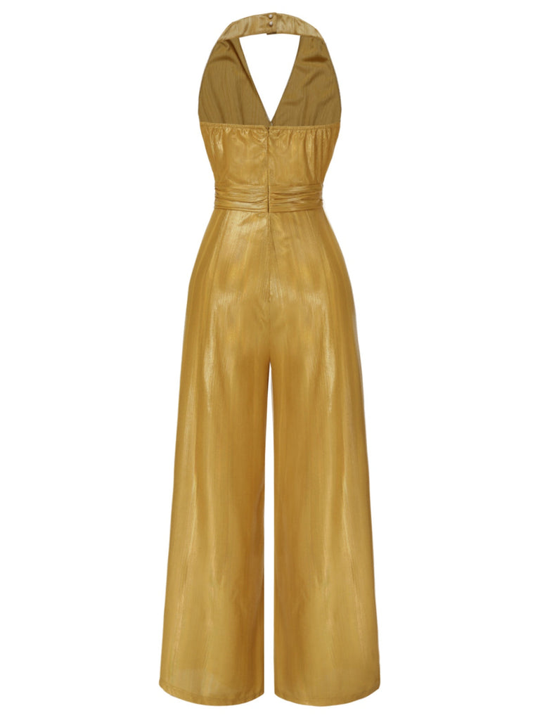 Rot 1970er Solide V-Ausschnitt Halter Jumpsuit
