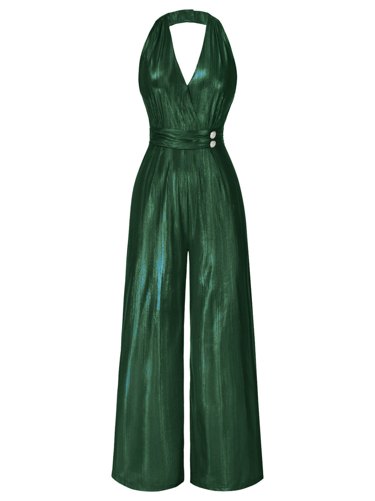 Rot 1970er Solide V-Ausschnitt Halter Jumpsuit