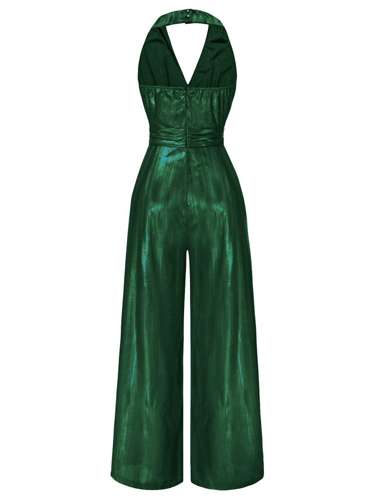 Rot 1970er Solide V-Ausschnitt Halter Jumpsuit