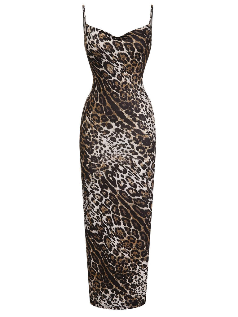 Braun 1960er Leopard Spaghetti Träger Rückenfrei Kleid