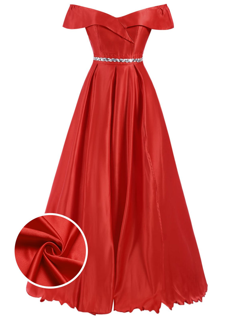 Rot 1950er Schulterfrei Maxi Abend Kleid