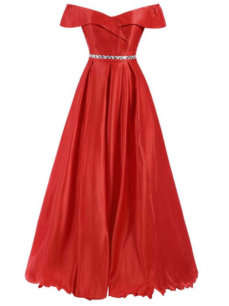 Rot 1950er Schulterfrei Maxi Abend Kleid