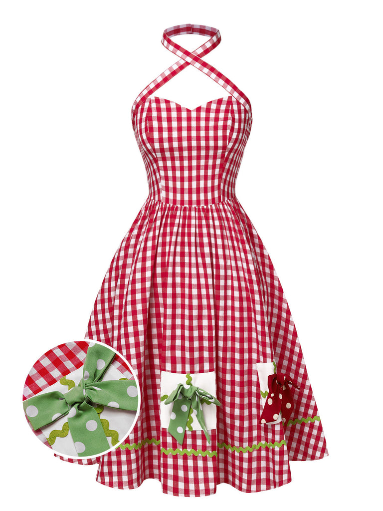 [Vorverkauf] Rot 1950er Halter Plaids Bogen Kleid