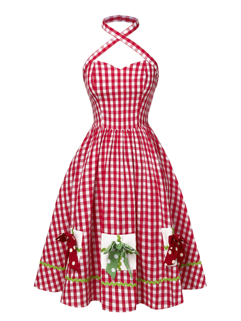 [Vorverkauf] Rot 1950er Halter Plaids Bogen Kleid