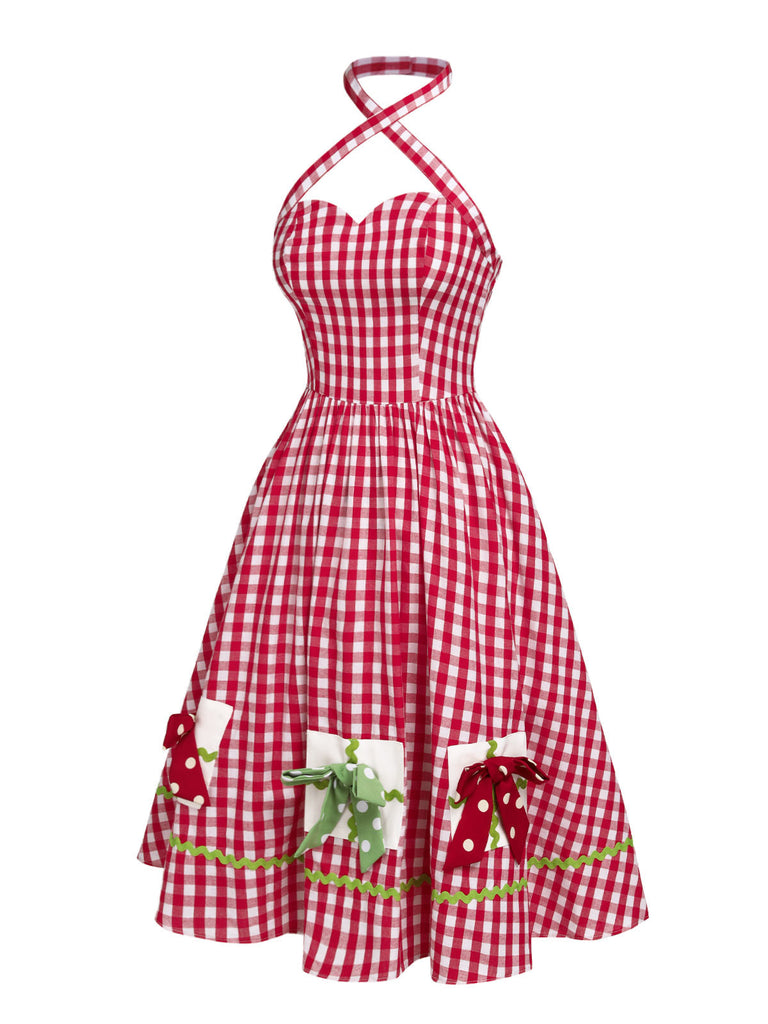 [Vorverkauf] Rot 1950er Halter Plaids Bogen Kleid