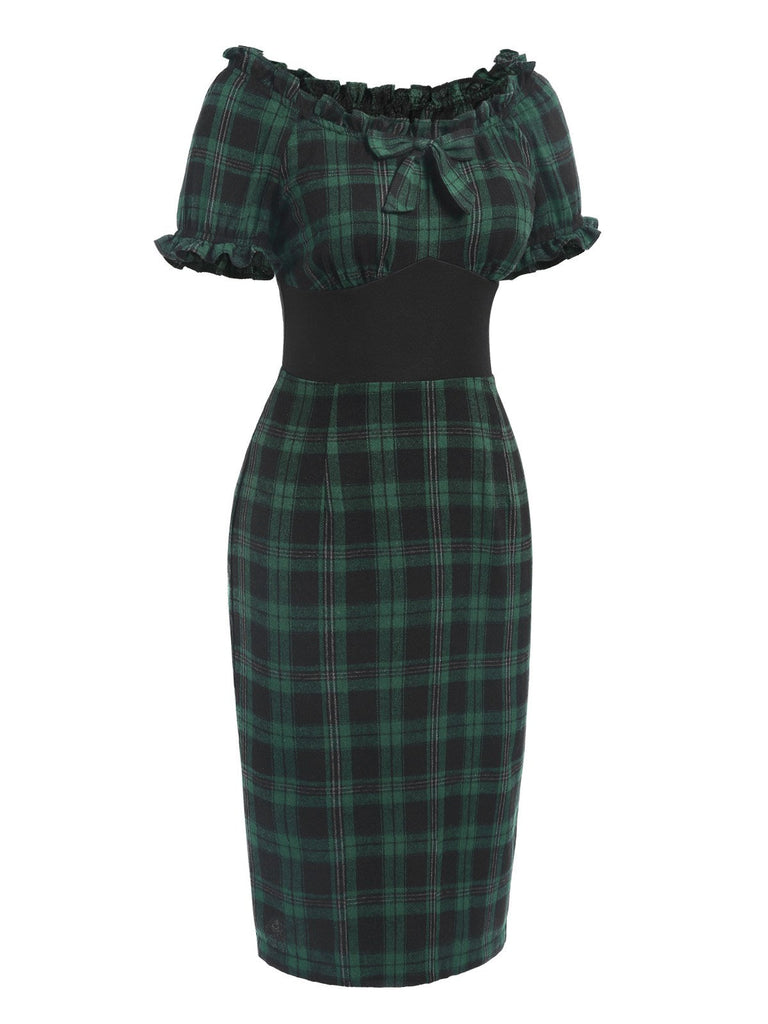 [Vorverkauf] Grün 1960er Schulterfrei Bogen Tartan Bleistiftkleid