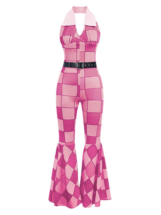 Rosa 1970er Geometrisches Muster Patchwork Halter Jumpsuit