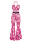 Rosa 1970er Geometrisches Muster Patchwork Halter Jumpsuit