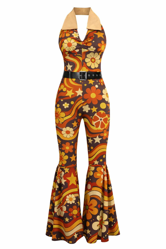 Orange 1970er Blumen Muster Patchwork Halter Jumpsuit