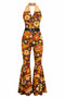 Orange 1970er Blumen Muster Patchwork Halter Jumpsuit