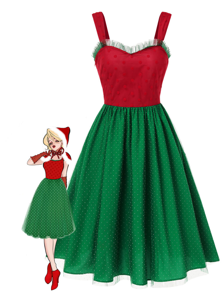 [Vorverkauf] Rot & Grün 1950er Weihnachten Polka Dots Kleid