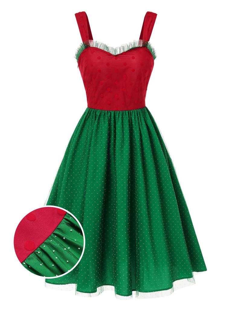 Rot & Grün 1950er Weihnachten Polka Dots Kleid