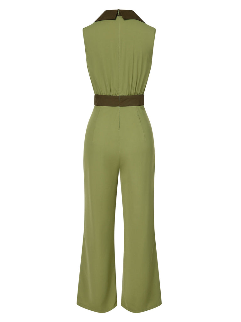 [Vorverkauf] Grün 1940er Kontrast Revers Patchwork Jumpsuit