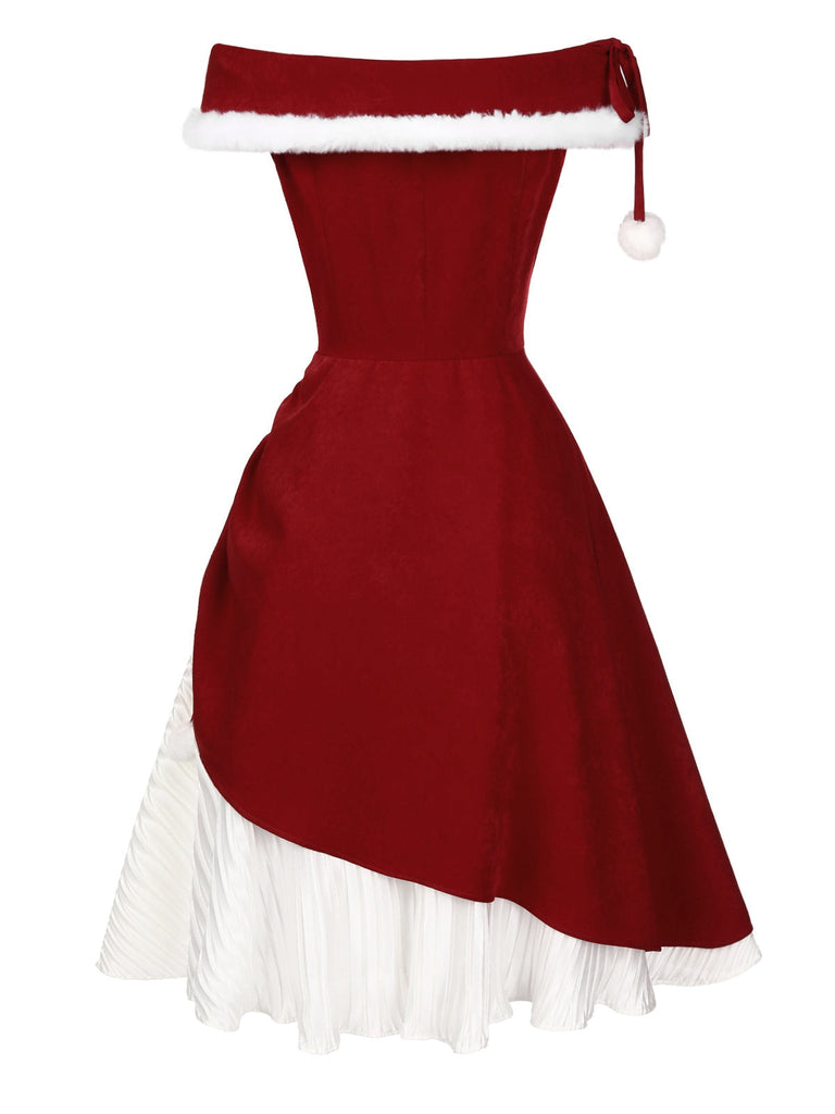 [Vorverkauf] Rot 1950er Weihnachten Plüsch Schulterfrei Kleid