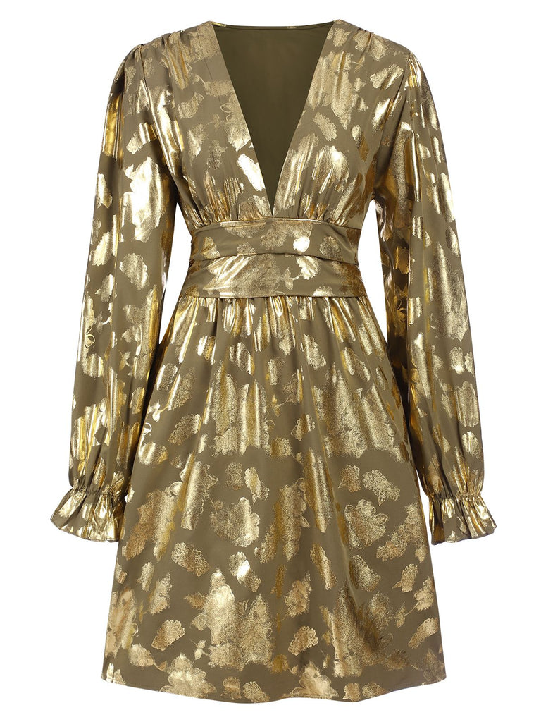 Metallic Gold 1960er Blumen Tiefer V-Ausschnitt Cocktail Kleid