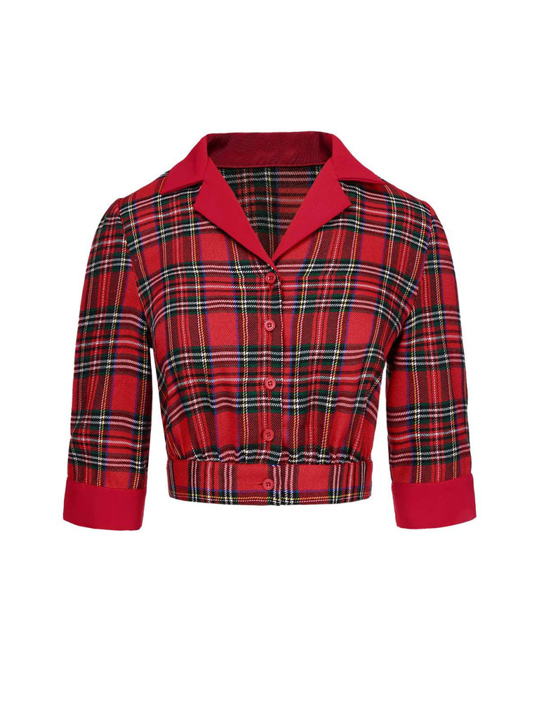 Rot 1940er Schottische Plaid Kurze Bluse