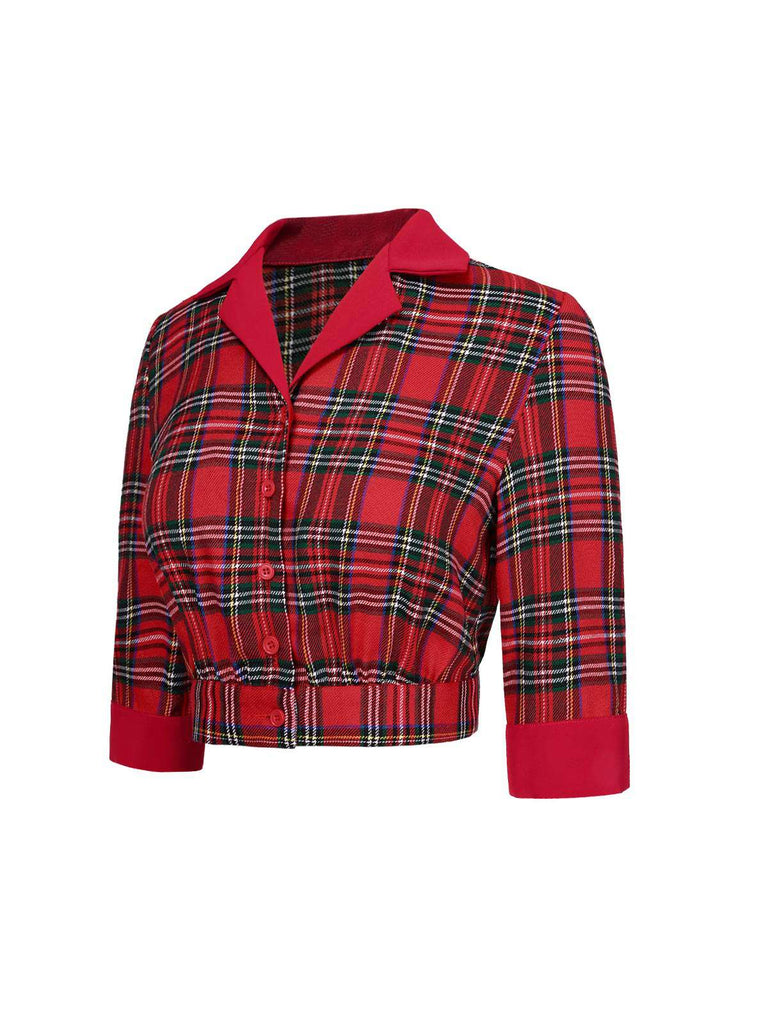 Rot 1940er Schottische Plaid Kurze Bluse