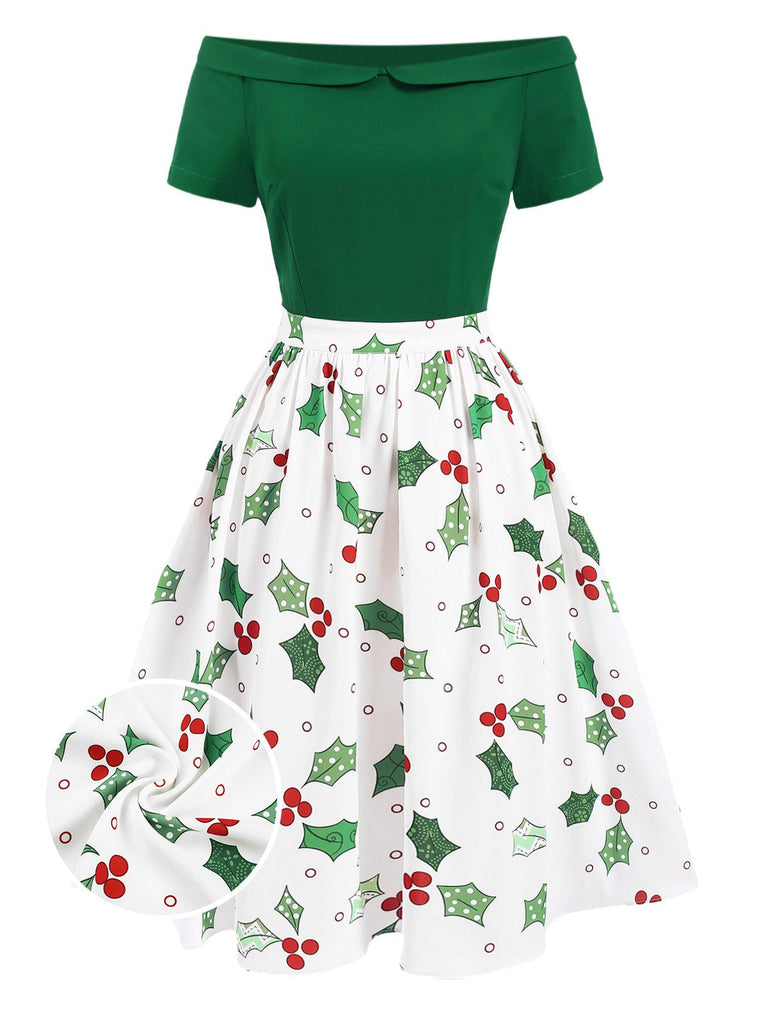 Grün 1950er Schulterfrei Weihnachten Patchwork Kleid