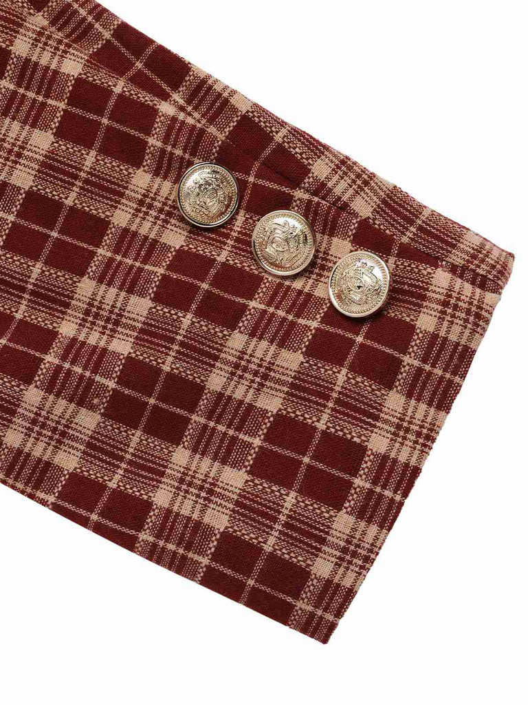 2PCS Rot 1960er Plaid Revers Kurzer Mantel & Schlitz Rock