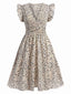 Beige 1960er V-Ausschnitt Rüschen Blumenmuster Kleid