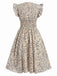 Beige 1960er V-Ausschnitt Rüschen Blumenmuster Kleid