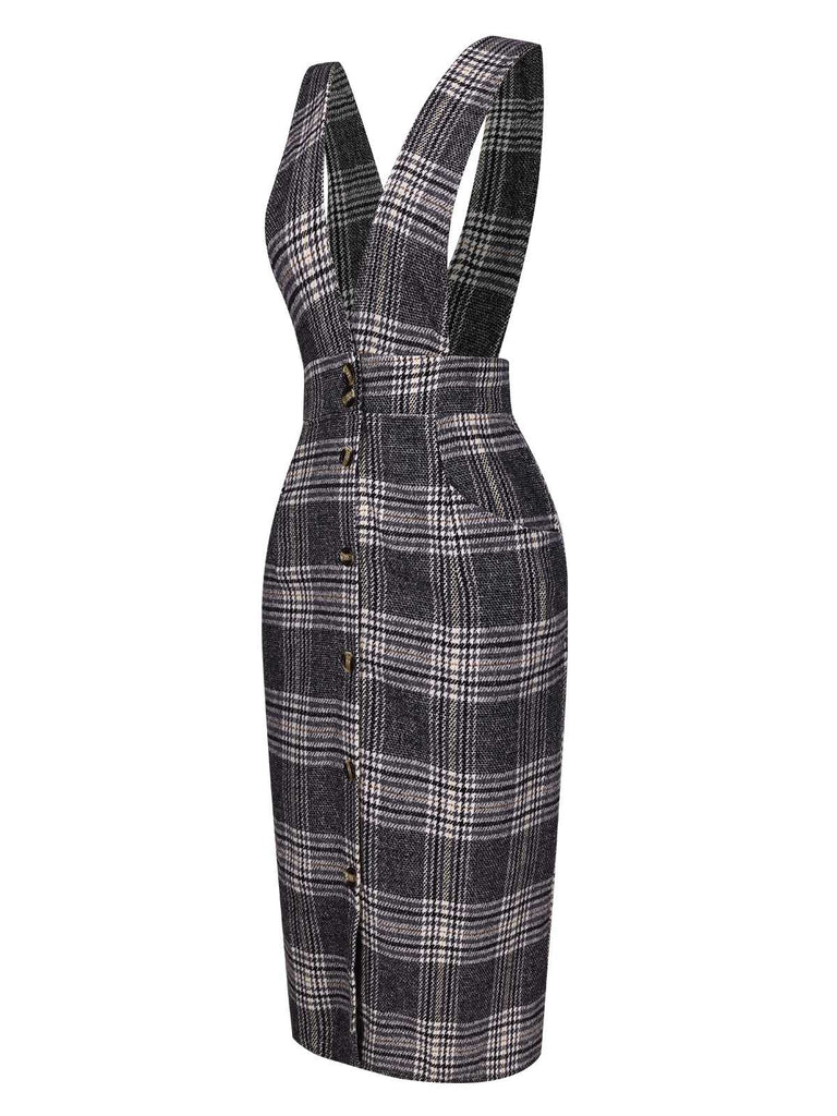 Grau 1960er Geknöpft Plaid Schürze Kleid