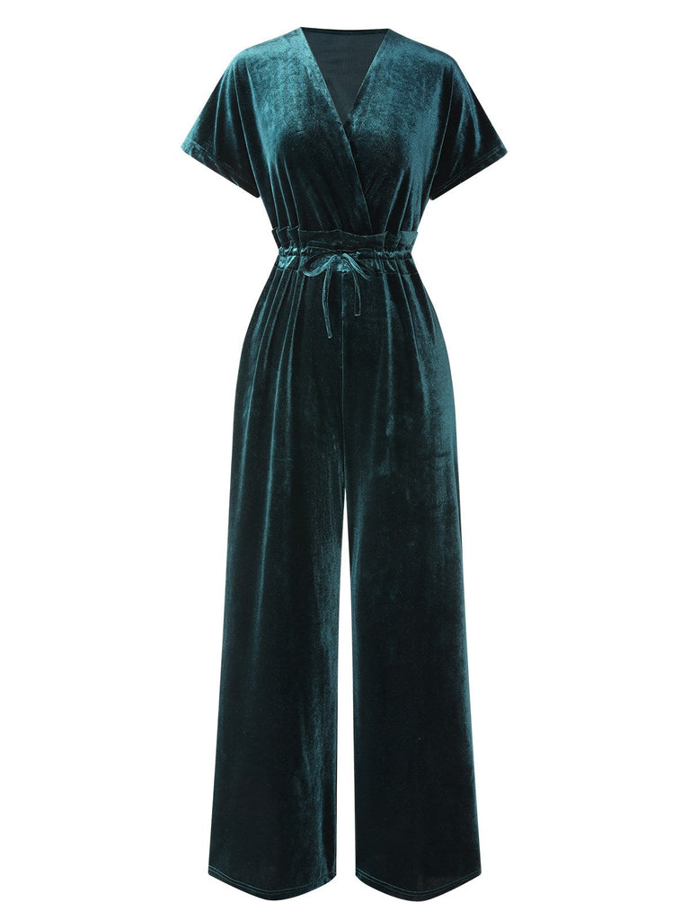 1940er Solide Taillengürtel V-Ausschnitt Samt Jumpsuit