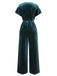 1940er Solide Taillengürtel V-Ausschnitt Samt Jumpsuit