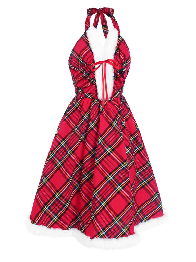 [Vorverkauf] Rot 1950er Schottisch Plaid Plüsch Halter Kleid