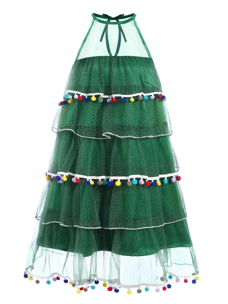 Grün 1960er Pom-Pom Weihnachten Baum Kleid