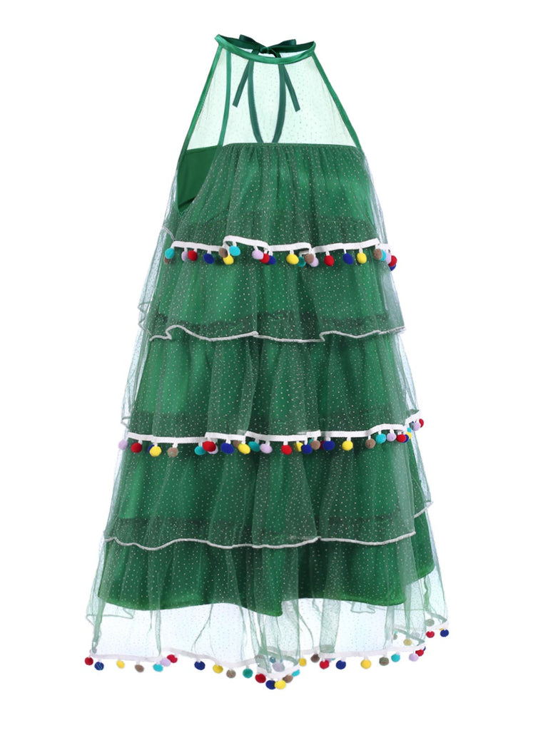 Grün 1960er Pom-Pom Weihnachten Baum Kleid