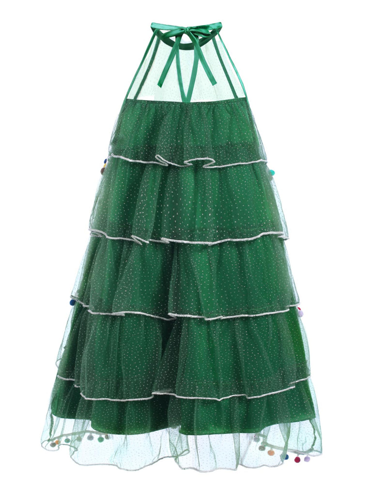 Grün 1960er Pom-Pom Weihnachten Baum Kleid