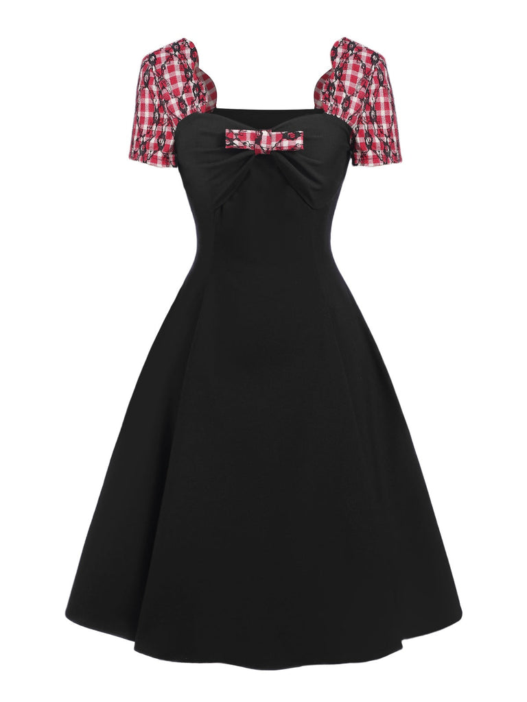 [Vorverkauf] Schwarz 1950er Spitze Plaid Patchwork Kleid